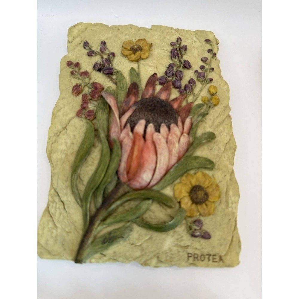 Set 4 Vintage Cherri Blum Wall Plaques Art 3D Floral Tiles Cynara Protea Ginger - Picture 9 of 13